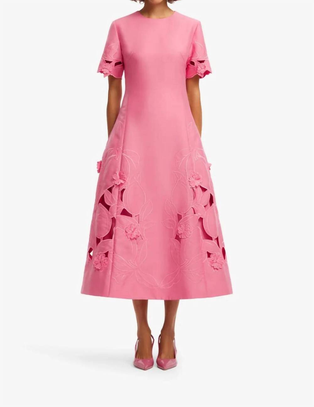 NEW LEO LIN caroline applique short sleeve midi dress in fuchsia
